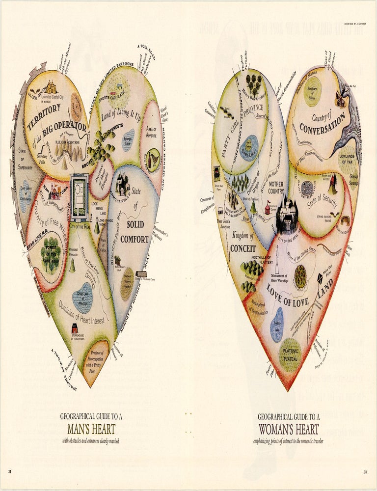 Geographical Guide to a Man's Heart with obstacles and entrances clearly marked [on sheet with] Geographical Guide to a Woman's Heart emphasizing points of interest to the romantic traveler. Jo LOWREY, McCall's.