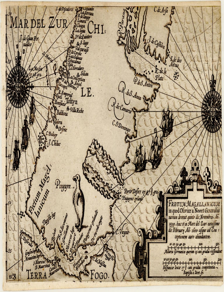 Fretum Magallanicum in quod Olivier a Noort Generalis navium devenit quinto die Novembris, An. 1599, hinc et in Mare del Zur, novissimo die Februarij An. 1600, usque ad Con : ceptionem auro abundantem. Oliver VAN NOORT.