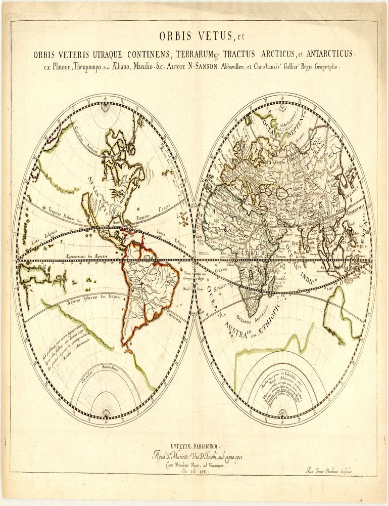Orbis Vetus, et Orbis Veteris Utraque Continens, Terrarum[que] Tractus Arcticus, et Antarcticus. ex Platone, Theopompo, Sive Aeliano, Manilio. &c. Nicolas SANSON.