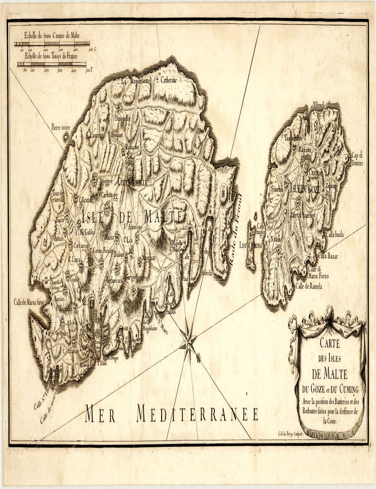 Carte des Isles de Malte du Goze et du Cuming Avec la position des Batteries et des Redoutes faites pour la deffence de la Coste. Charles Amadeus DE BEREY.