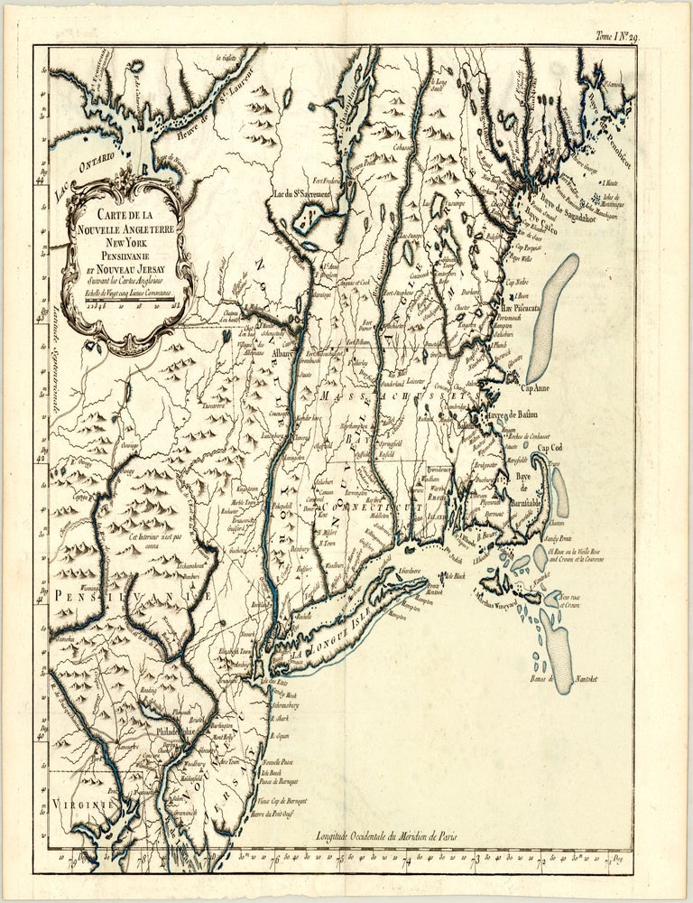 Carte de la Nouvelle Angleterre New York Pensilvanie et Nouveau Jersay Suivant les Cartes Angloises. Jacques-Nicolas BELLIN.