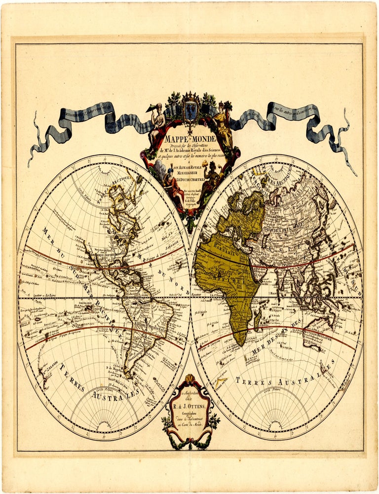 Mappe-Monde Dress&eacute;e sur les Observations de Mrs: de l'Academie Royale des Sciences et quelques autres et sur les memoires les plus recens A son Altesse Royale Monseigneur Le Duc de Chartres. Guillaume DE L'ISLE.