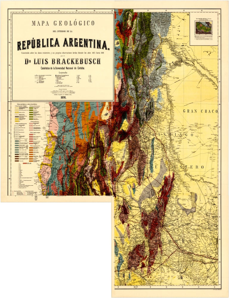 [On 5 sheets, as issued] Mapa Geol&oacute;gico del Interior de la Rep&uacute;blica Argentina. Construido sobre los datos existentes, y sus proprias observaciones hechas durante los a&ntilde;os 1875 hasta 1888 por el Dr. Luis Brackebusch Catedr&aacute;tico de la Universidad Nacional de C&oacute;rdoba. Ludwig BRACKEBUSCH.